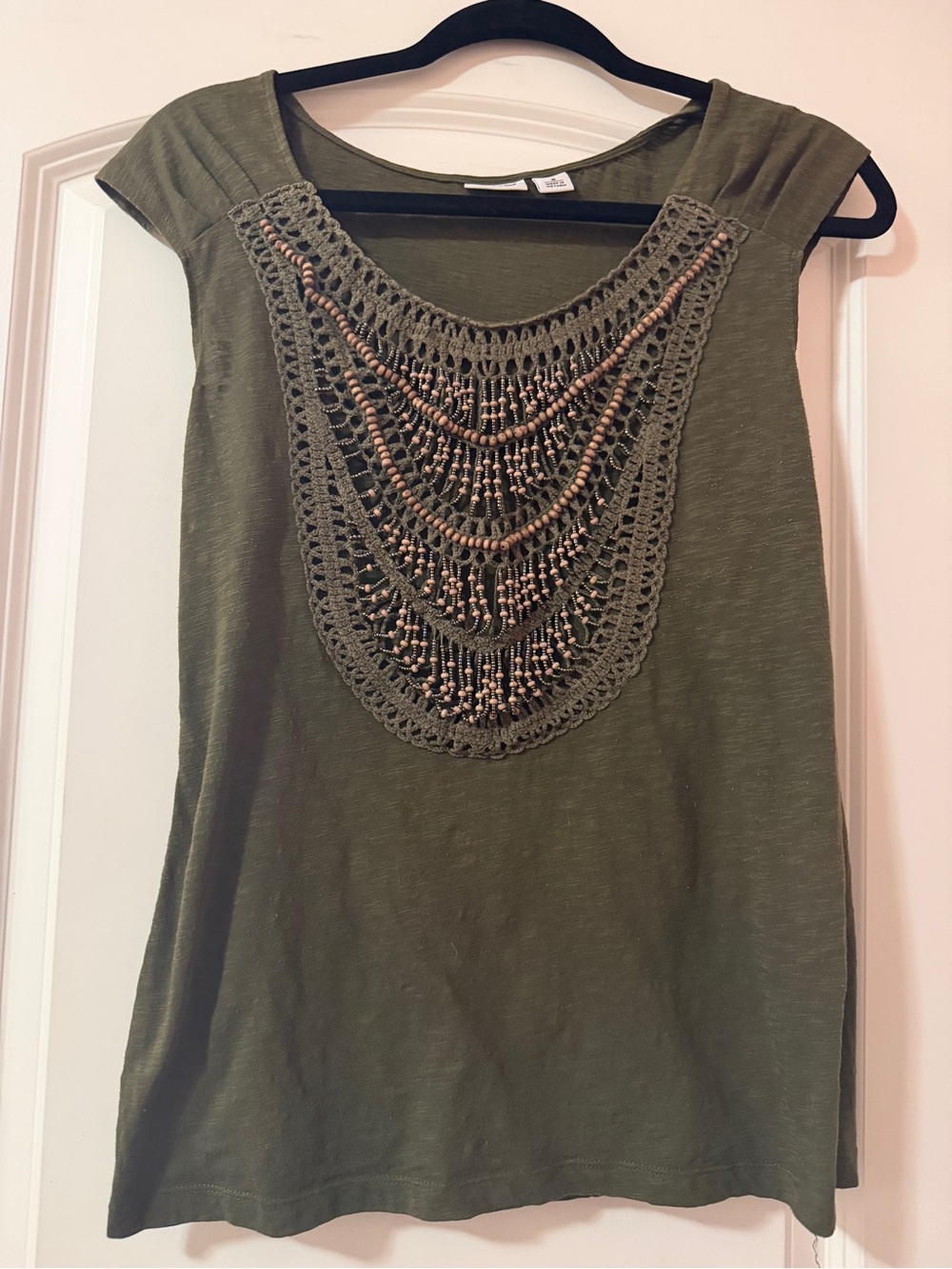 Cato Olive Crochet Bead Accent Women's Top